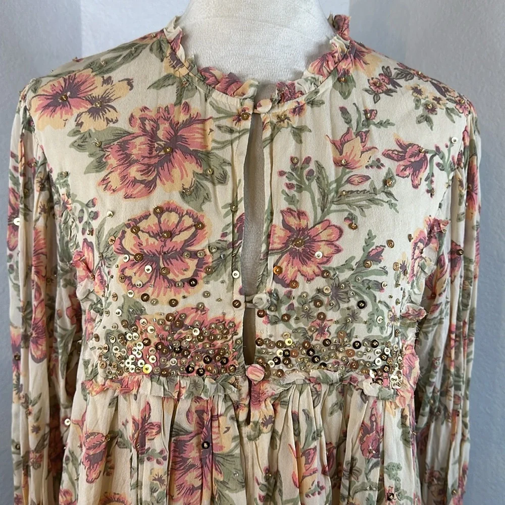 Free People  Hand Beaded Bali Golden Sun Printed Mini Dress SIZE SMALL NWT - Picture 7 of 16